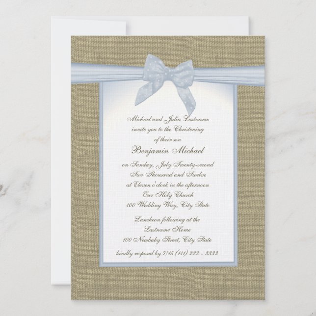 Burlap Baby Blue Christening Invitation (Front)