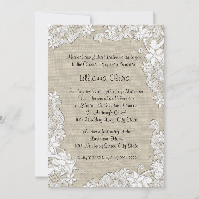 Burlap Baby Christening Invitation (Front)