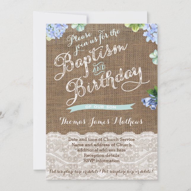 Burlap Baptême et invitations pour l'anniversaire  (Devant)