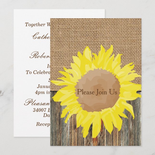 Burlap Barnwood and Sunflower  Invitation Template (Front/Back)