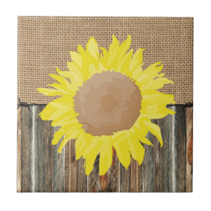 Burlap Barnwood Barbed Wire And SunFlower Tile