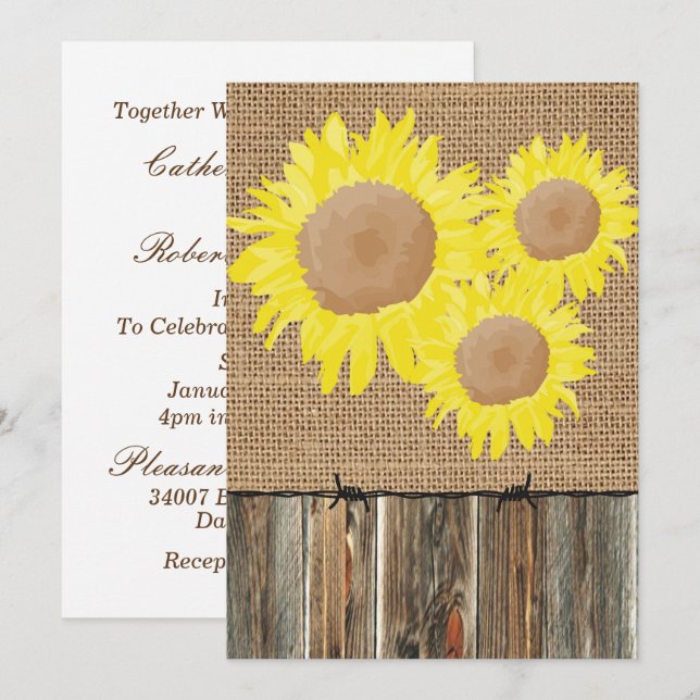 Burlap Barnwood Barbed Wire and Sunflowers Invite (Front/Back)