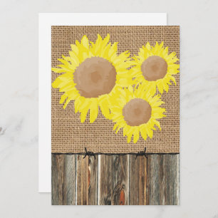 Burlap Barnwood Barbed Wire and Sunflowers Invite