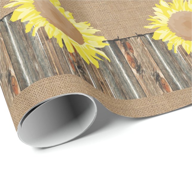 Burlap Barnwood Barbed Wire Sunflower Gift Wrapping Paper (Roll Corner)