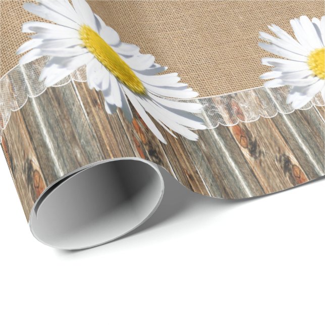 Burlap Barnwood Lace And Daisey Wrapping Paper (Roll Corner)