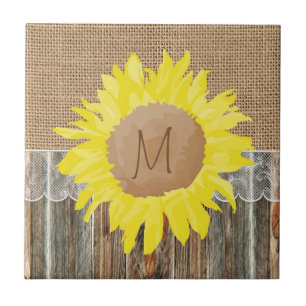 Burlap Barnwood Lace And Sunflower Personalize Tile