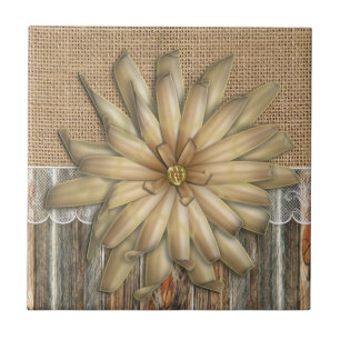 Burlap Barnwood Lace And Tan Flower Tile