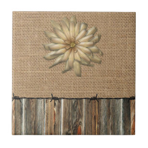 Burlap Barnwood Lace Barbed Wire And Tan Flower Tile