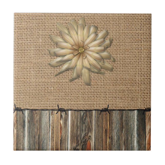 Burlap Barnwood Lace Barbed Wire And Tan Flower Tile (Front)