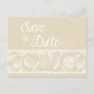 Burlap Beach Save the Date with Lace and Shells Announcement Postcard