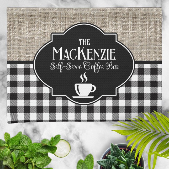 Burlap Black Buffalo Check Personalized Kitchen Towel (Creator Uploaded)
