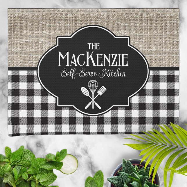 Burlap Black Buffalo Check Personalized Kitchen Towel (Creator Uploaded)