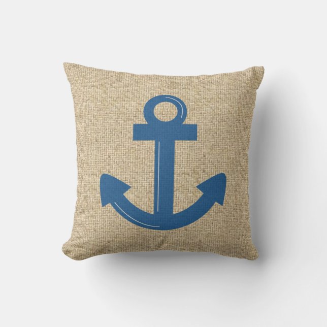 Burlap blue boat anchor decorative pillow (Front)