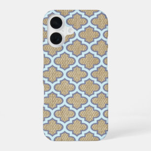Burlap & Blue Girly Quatrefoil Pattern Trendy Cute iPhone 16 Case