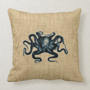 Burlap Blue Kraken Octopus Sealife Design Throw Pillow