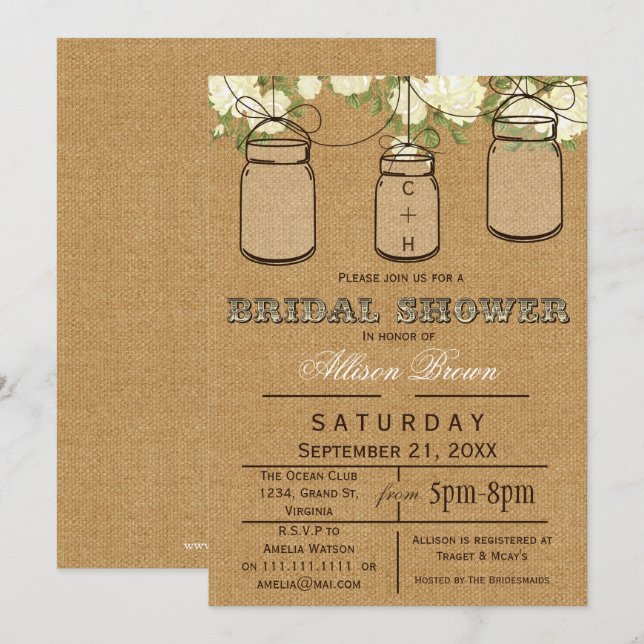 Burlap, bocaux de mason, Invitations de douche nup (Devant / Derrière)