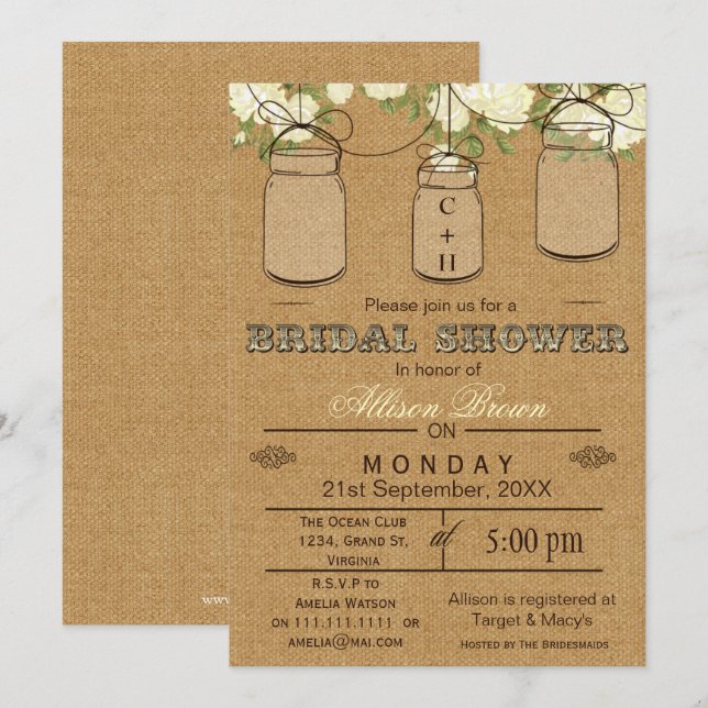 Burlap, bocaux de mason, Invitations de douche nup (Devant / Derrière)