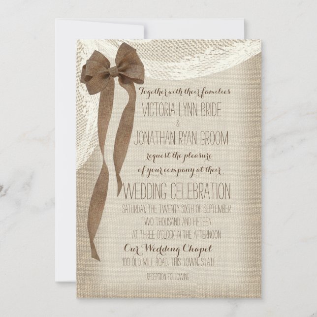 Burlap Bow and Lace Cascade Invitation (Front)