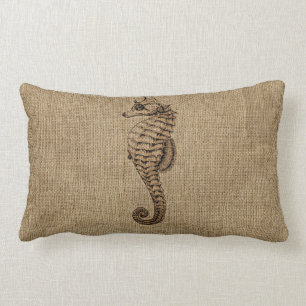 Burlap Bronze Seahorse Illustration Sealife Design Lumbar Pillow