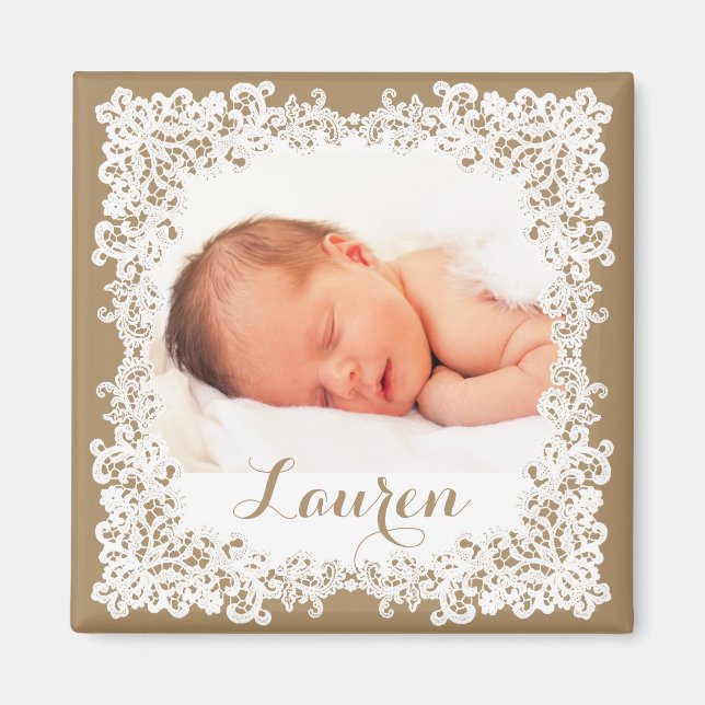 Burlap brown & white elegant lace photo design magnet (Front)