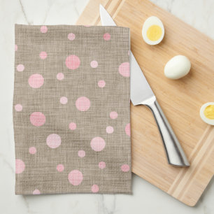 BURLAP BROWN WITH SHADES OF PINK POLKA DOTS KITCHEN TOWEL
