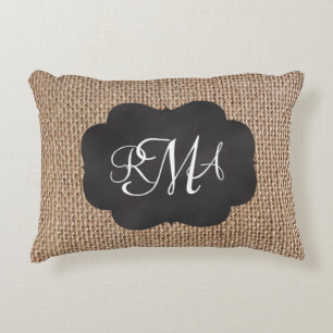 Burlap Chalkboard Look Triple Monogrammed Script Decorative Pillow