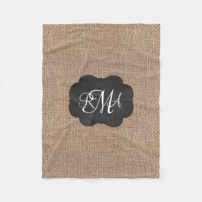Burlap Chalkboard Look Triple Monogrammed Script Fleece Blanket (Front)