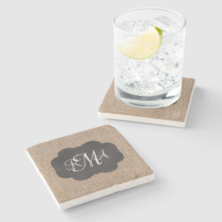 Burlap Chalkboard Look Triple Monogrammed Script Stone Coaster