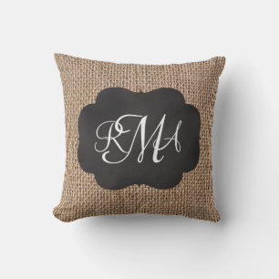 Burlap Chalkboard Look Triple Monogrammed Script Throw Pillow