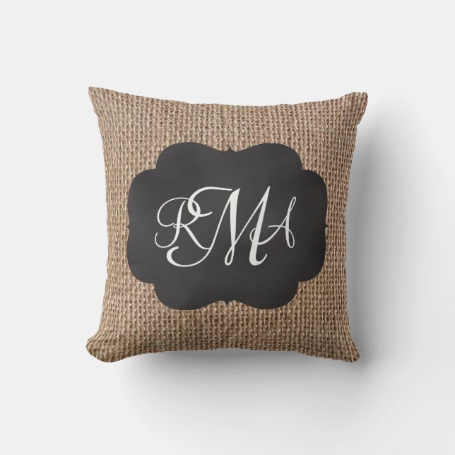 Burlap Chalkboard Look Triple Monogrammed Script Throw Pillow (Front)