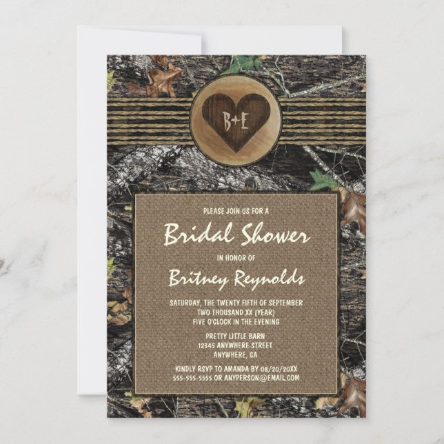 Burlap + Chasse Camo Invitations de douche nuptial (Devant)