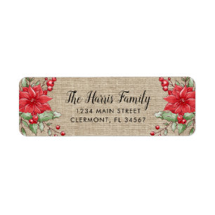 Burlap Christmas Poinsettia Holly Berry Label