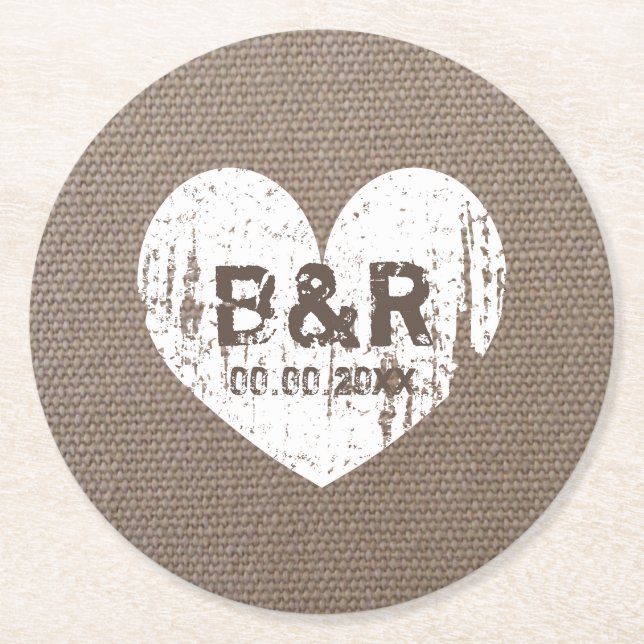 Burlap country chic monogram coasters for wedding (Front)
