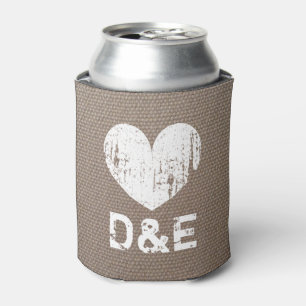 Burlap country chic wedding can coolers with heart