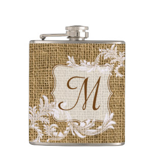 Burlap Country Lace Appliqu Monogram Whiskey Flask