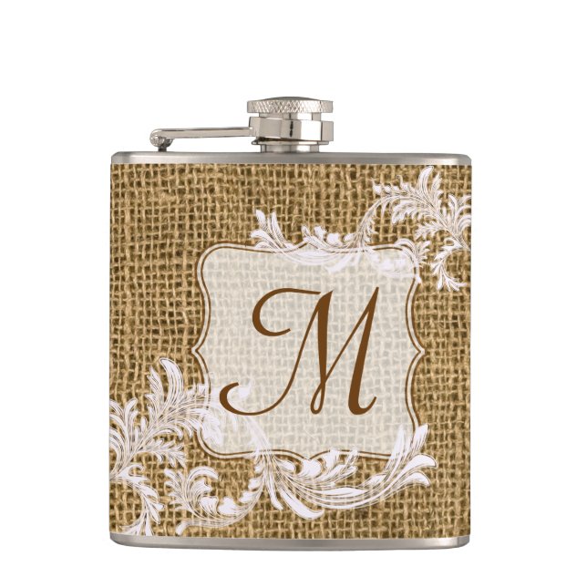 Burlap Country Lace Appliqu Monogram Whiskey Flask (Front)