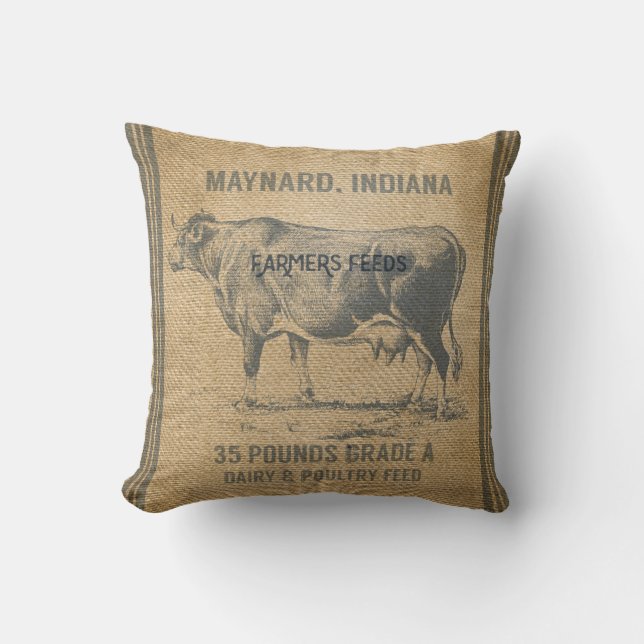 burlap cow feed sack throw pillow (Front)
