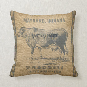 burlap cow feed sack throw pillow