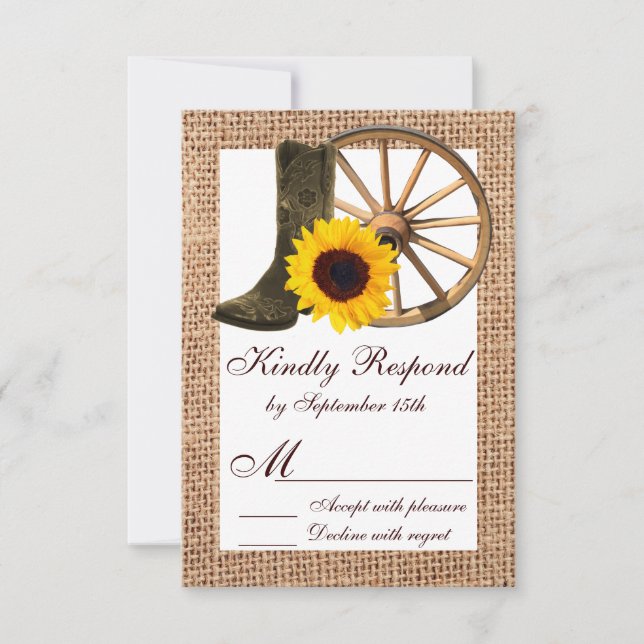 Burlap Cowboy Boots Wagon Wheel Sunflower RSVP (Front)