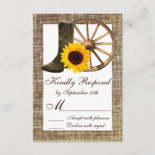 Burlap Cowboy Boots Wagon Wheel Sunflower RSVP Card