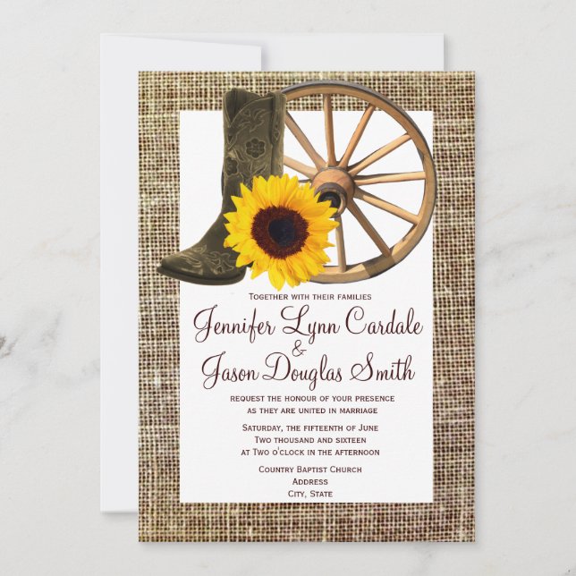 Burlap Cowboy Boots Wagon Wheel Sunflower Wedding Invitation (Front)