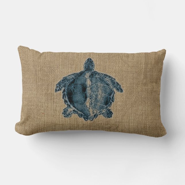 Burlap Creatures Illustration Blue Turtle Design Lumbar Pillow (Front)