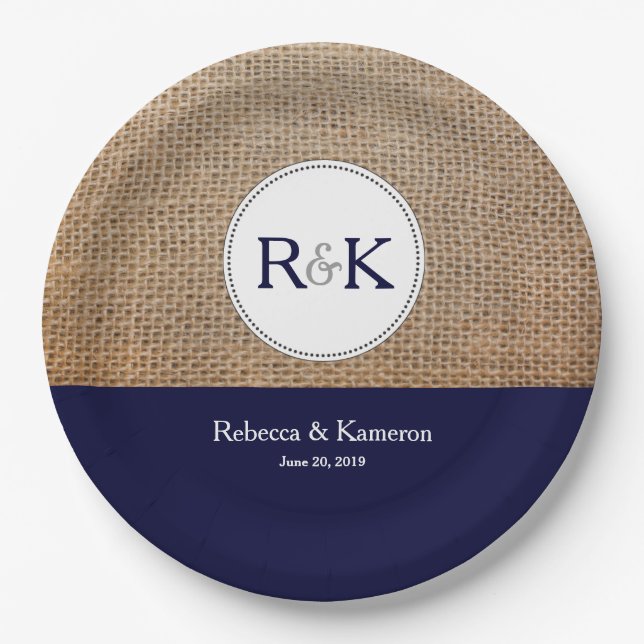 Burlap & Dark Blue Personalized Wedding Paper Plate (Front)