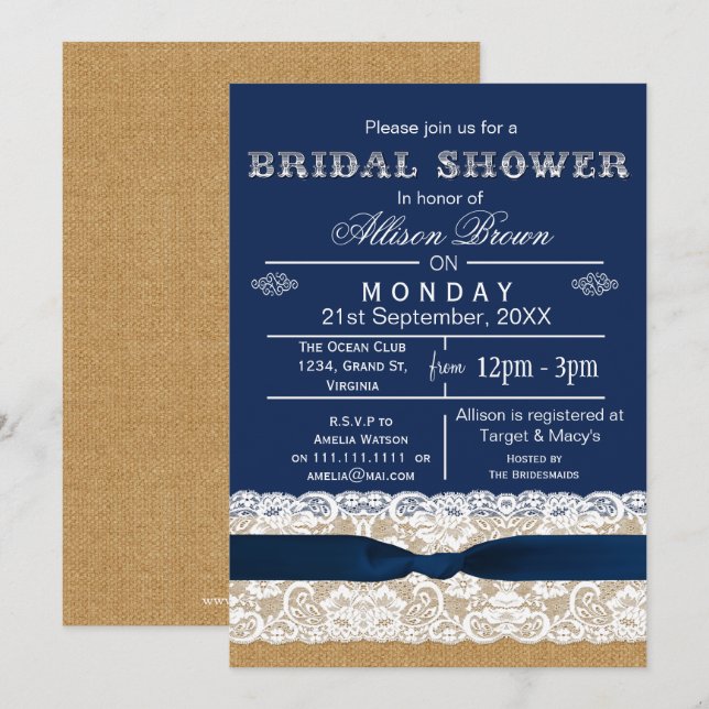 Burlap, dentelle, bleu rustique Invitations de dou (Devant / Derrière)