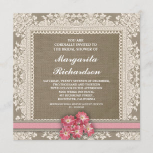burlap dentelle et fleurs roses invitations de dou