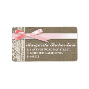 burlap design white lace pink bow address label