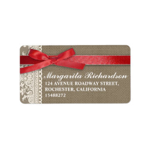 burlap design white lace red bow address label