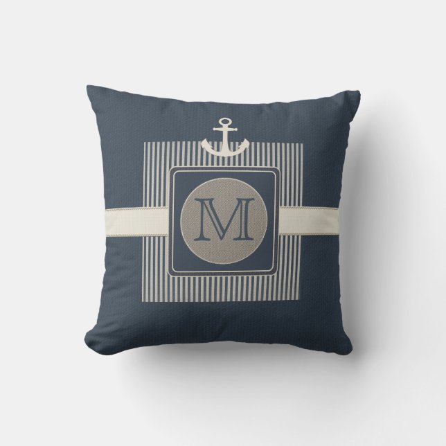 Burlap Effect Nautical Ship's Anchor Initial Throw Pillow (Front)