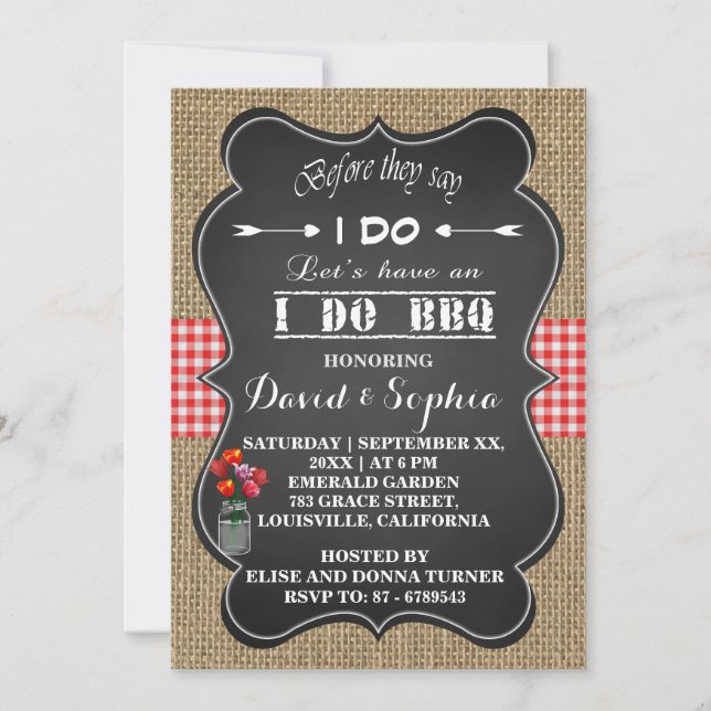 Burlap En vichy et Chalkboard I DO BBQ Invitation (Devant)