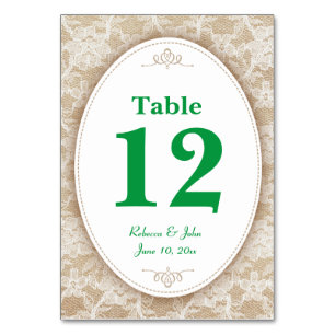 Burlap et dentelle et numéro de table verte
